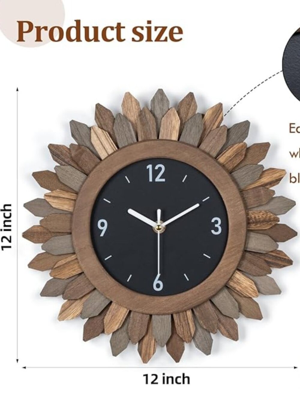 Tricolor Rustic Wood Sunburst Boho 12" Decorative Wall Clock Battery Operated-NE